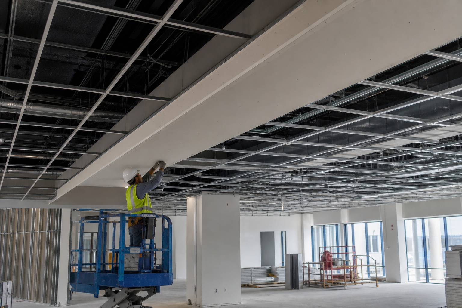 Commercial ceiling grid and drywall soffit installation