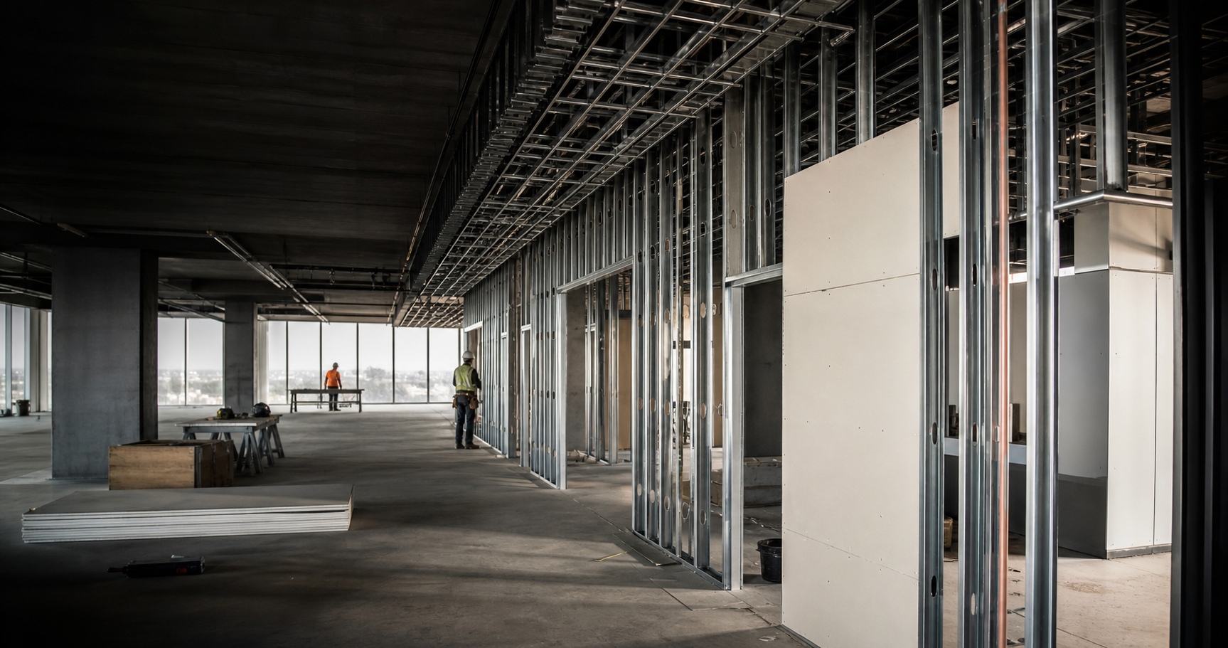 Commercial metal framing and drywall systems in progress